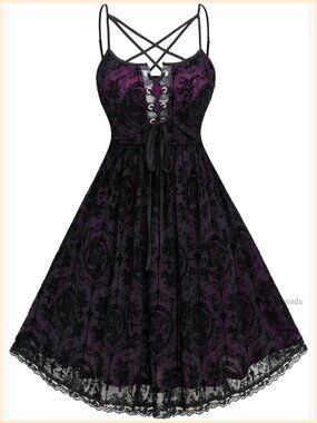 Plus Size Gothic Backless Midi Dress Spaghetti Strap A Line